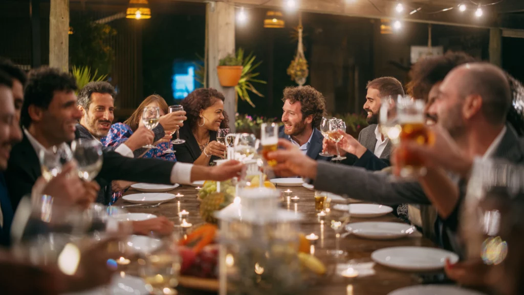 A table of people cheering glasses
