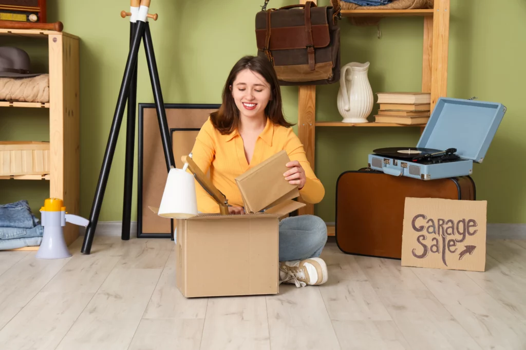 A woman packs a box of items to sell at a garage sale